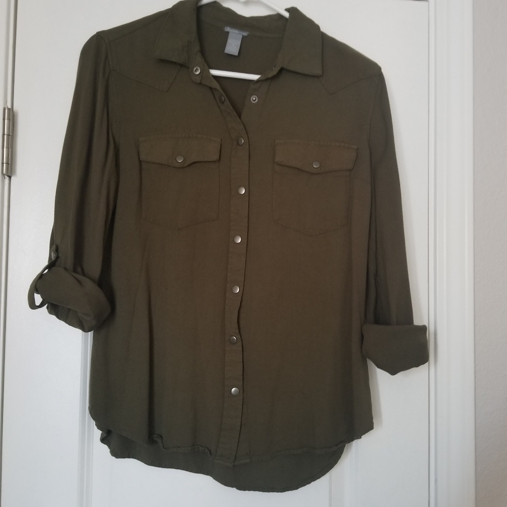 Olive green button down top